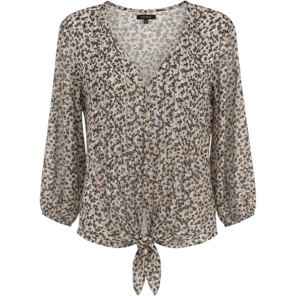 Bobeau Tie Front V-Neck Blouse Geometric Floral Print 3/4 Sleeve Top Neutral